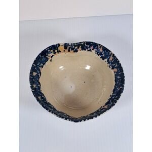 Studio Pottery Signed Mohr Handcrafted Cream Navy Blue Sponged Rim Heart Bowl